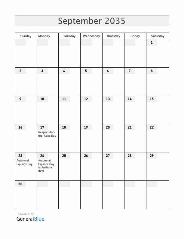Japan September 2035 Calendar with Holidays