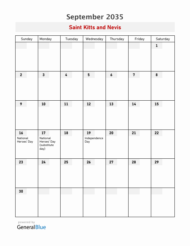 Saint Kitts and Nevis September 2035 Calendar with Holidays
