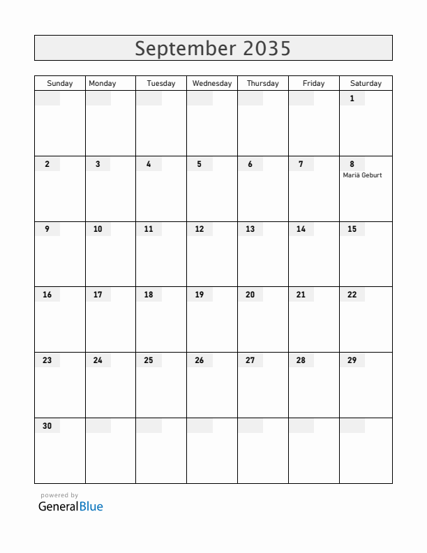 Liechtenstein September 2035 Calendar with Holidays