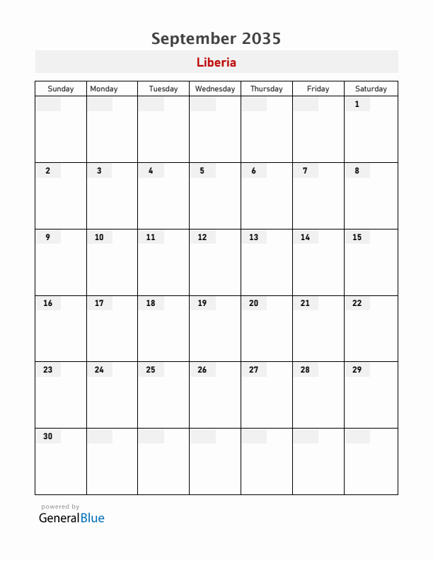 Liberia September 2035 Calendar with Holidays