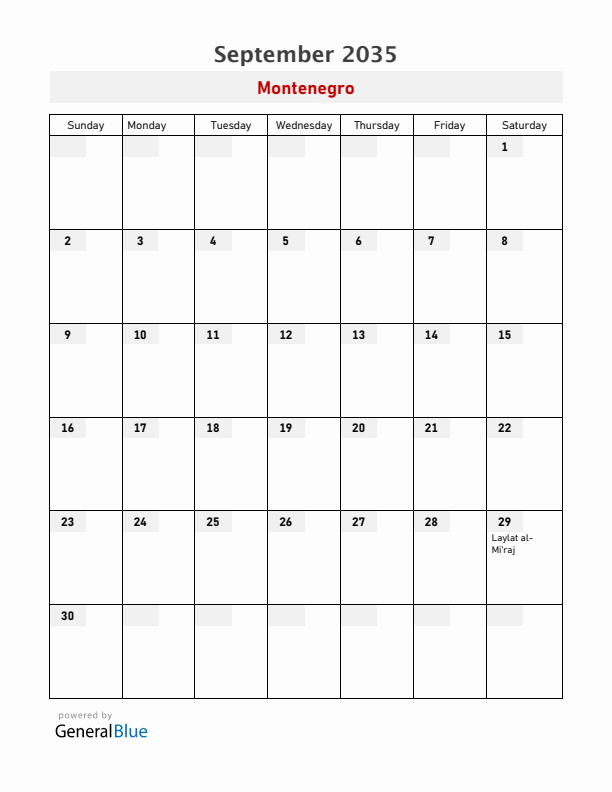 Montenegro September 2035 Calendar with Holidays
