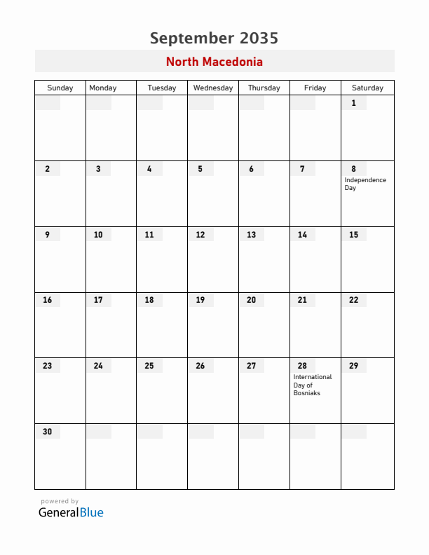 North Macedonia September 2035 Calendar with Holidays