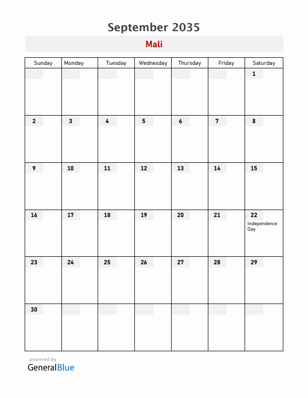 Mali September 2035 Calendar with Holidays