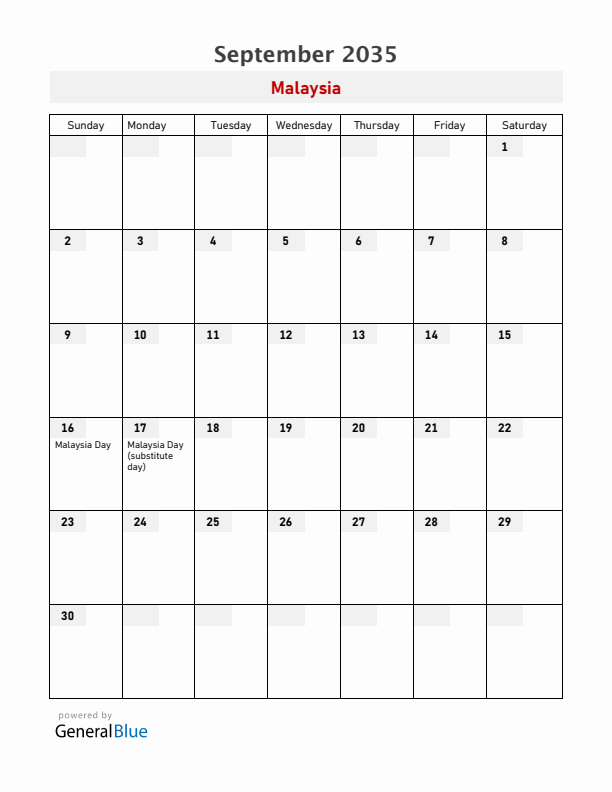 Malaysia September 2035 Calendar with Holidays