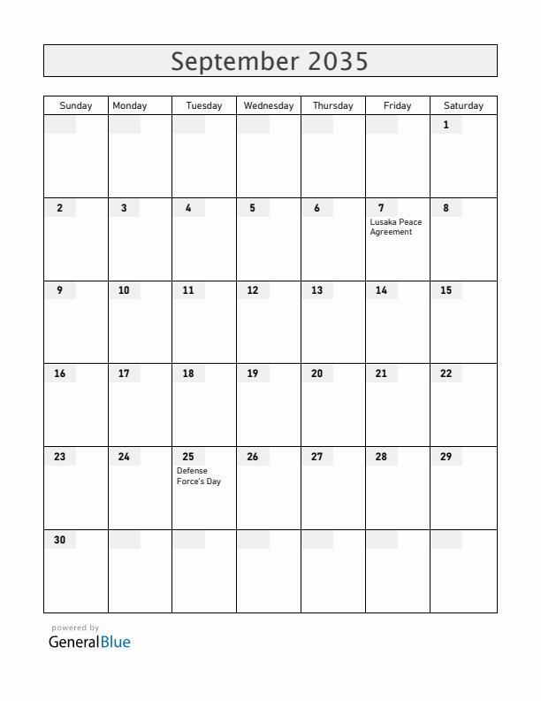 Mozambique September 2035 Calendar with Holidays