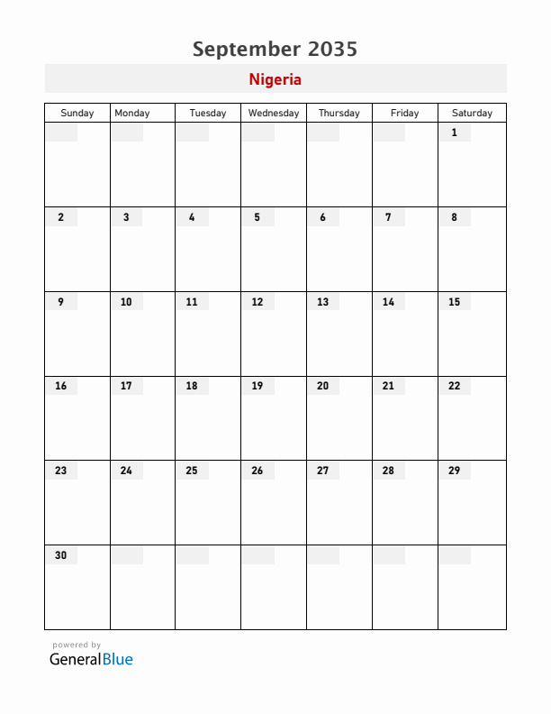Nigeria September 2035 Calendar with Holidays