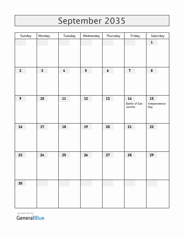 Nicaragua September 2035 Calendar with Holidays