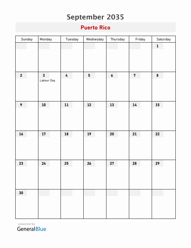 Puerto Rico September 2035 Calendar with Holidays