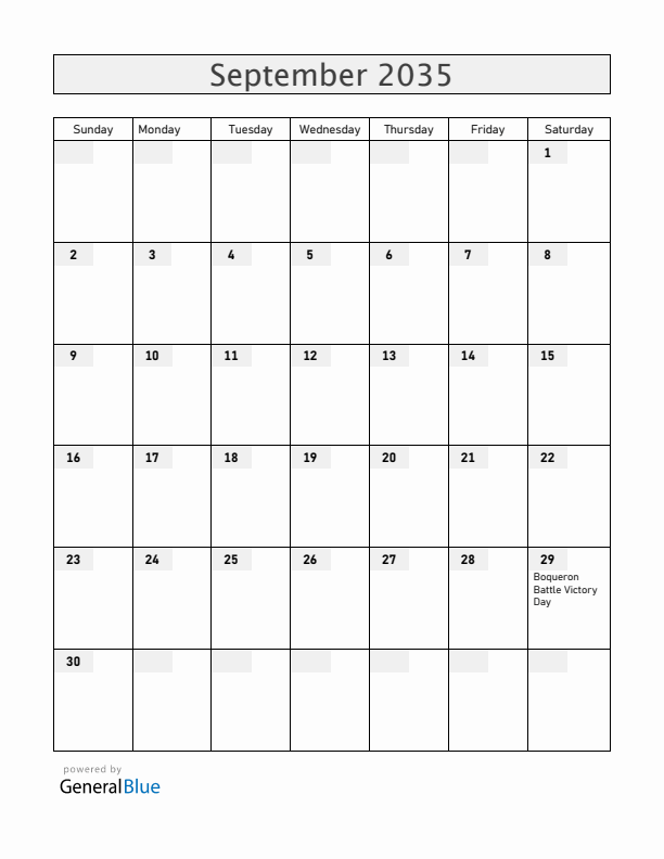 Paraguay September 2035 Calendar with Holidays