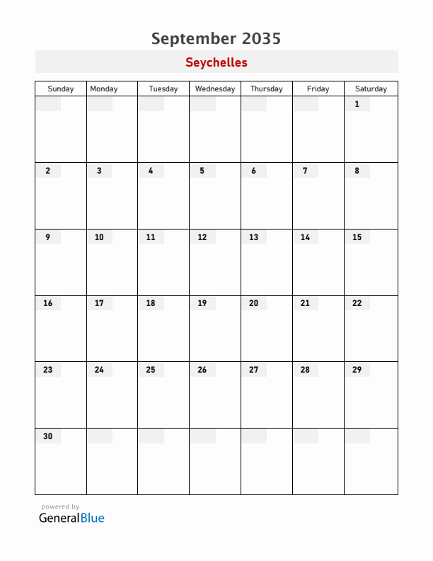 Seychelles September 2035 Calendar with Holidays