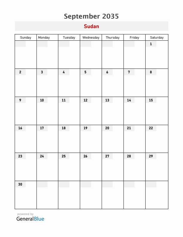 Sudan September 2035 Calendar with Holidays