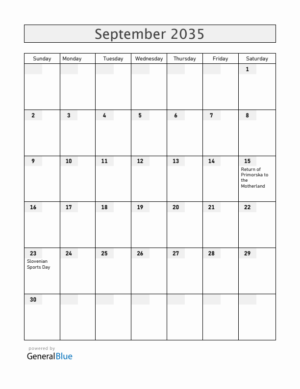 Slovenia September 2035 Calendar with Holidays