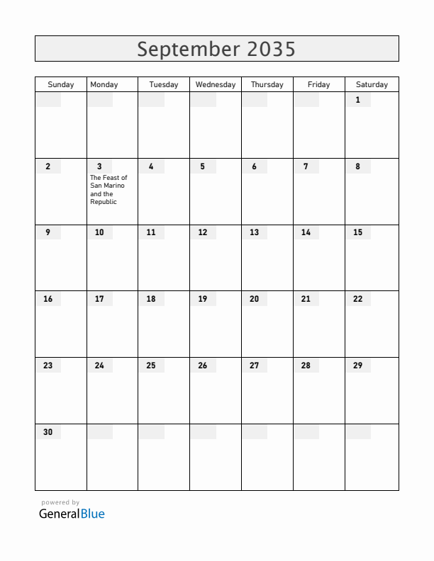 San Marino September 2035 Calendar with Holidays