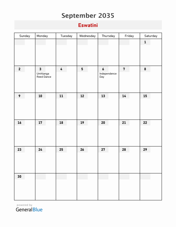 Eswatini September 2035 Calendar with Holidays