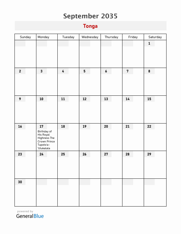 Tonga September 2035 Calendar with Holidays