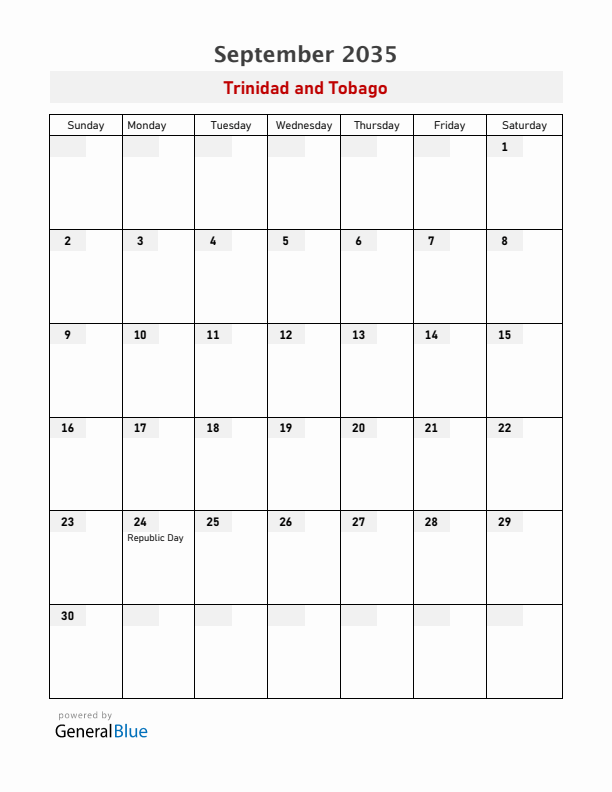 Trinidad and Tobago September 2035 Calendar with Holidays