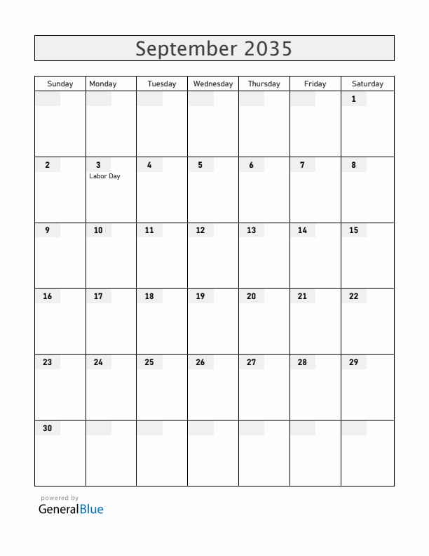 United States September 2035 Calendar with Holidays