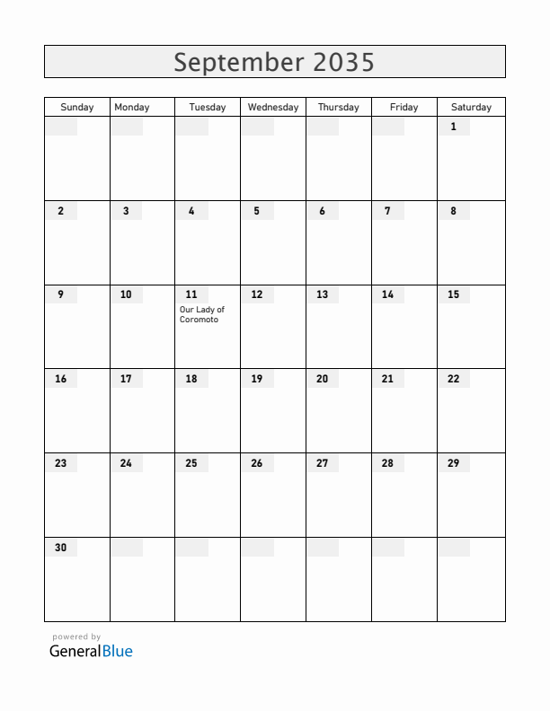 Venezuela September 2035 Calendar with Holidays