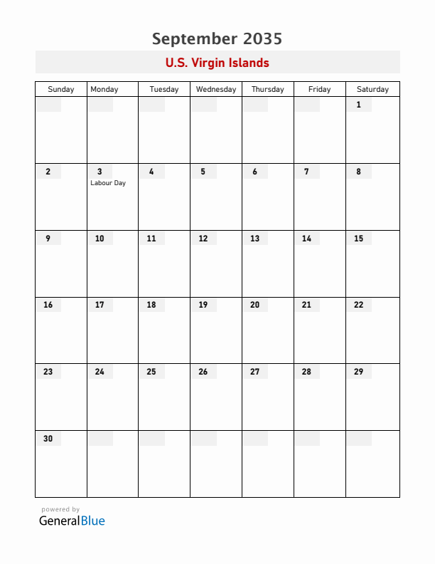 U.S. Virgin Islands September 2035 Calendar with Holidays