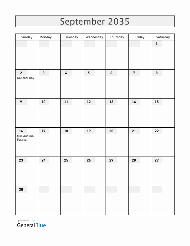 Vietnam September 2035 Calendar with Holidays