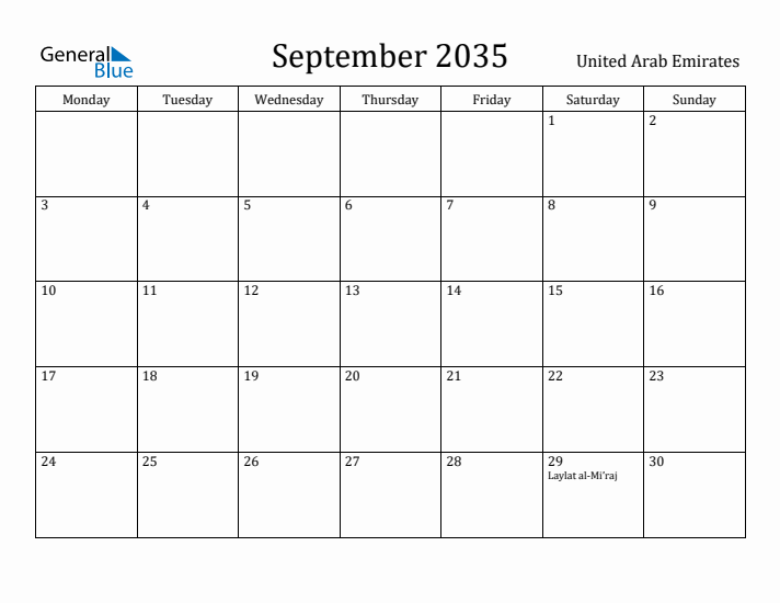 September 2035 Calendar United Arab Emirates