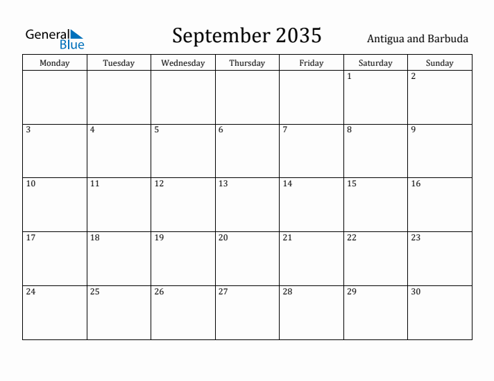 September 2035 Calendar Antigua and Barbuda