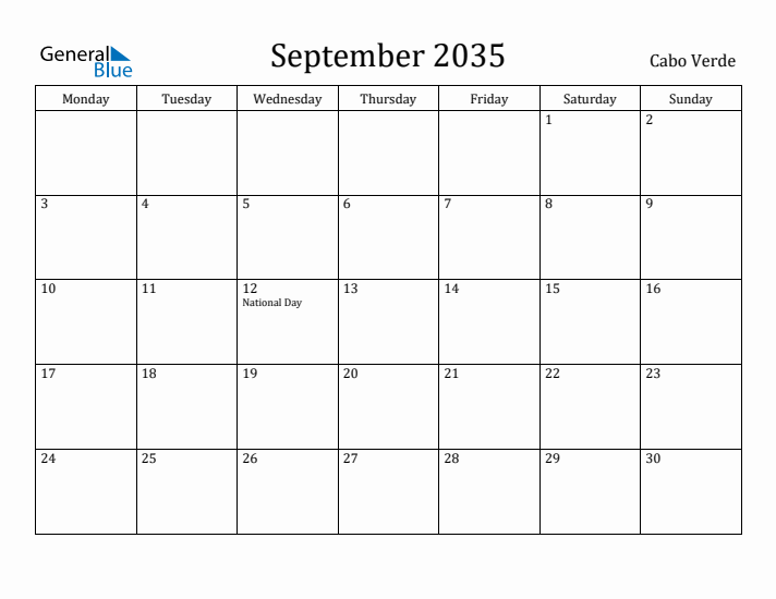September 2035 Calendar Cabo Verde