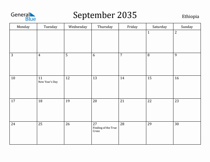 September 2035 Calendar Ethiopia