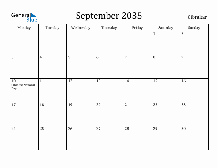 September 2035 Calendar Gibraltar