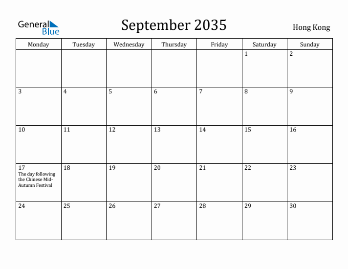 September 2035 Calendar Hong Kong