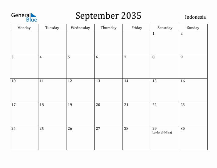 September 2035 Calendar Indonesia