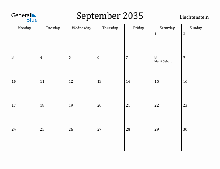 September 2035 Calendar Liechtenstein