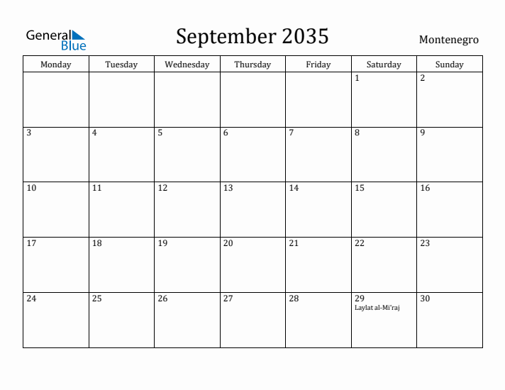 September 2035 Calendar Montenegro