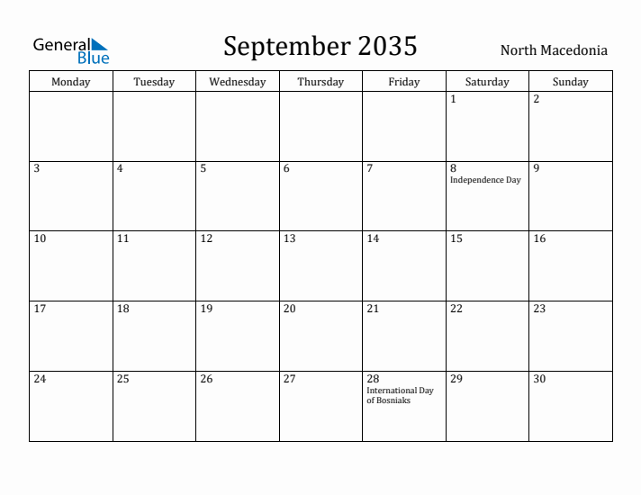 September 2035 Calendar North Macedonia