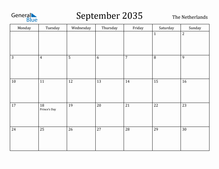 September 2035 Calendar The Netherlands