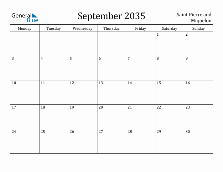 September 2035 Calendar Saint Pierre and Miquelon