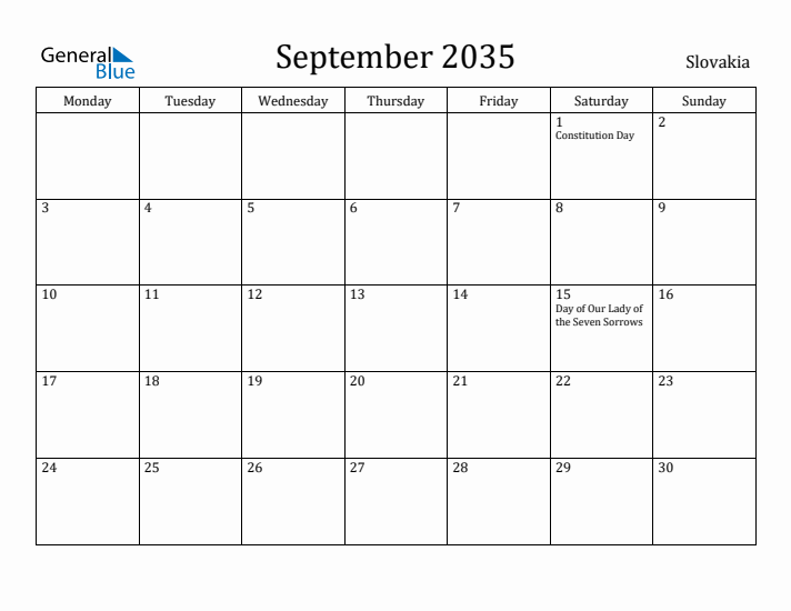 September 2035 Calendar Slovakia