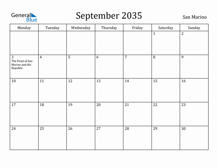 September 2035 Calendar San Marino
