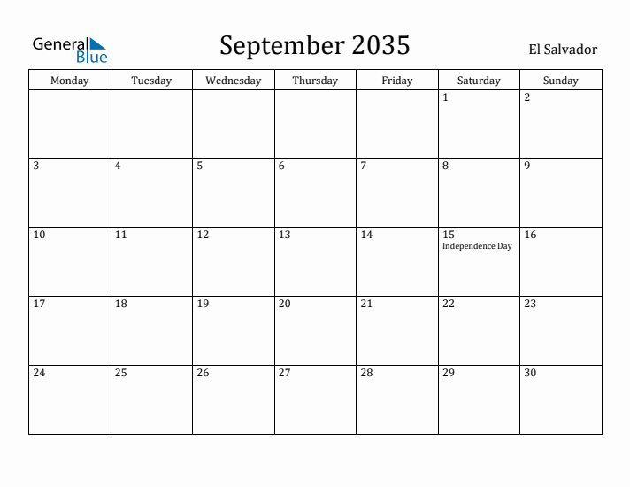 September 2035 Calendar El Salvador