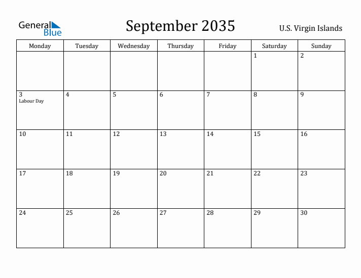 September 2035 Calendar U.S. Virgin Islands