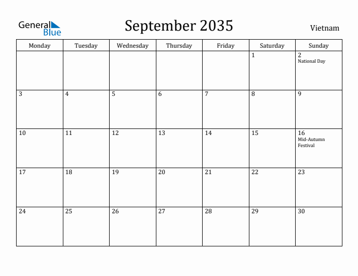 September 2035 Calendar Vietnam