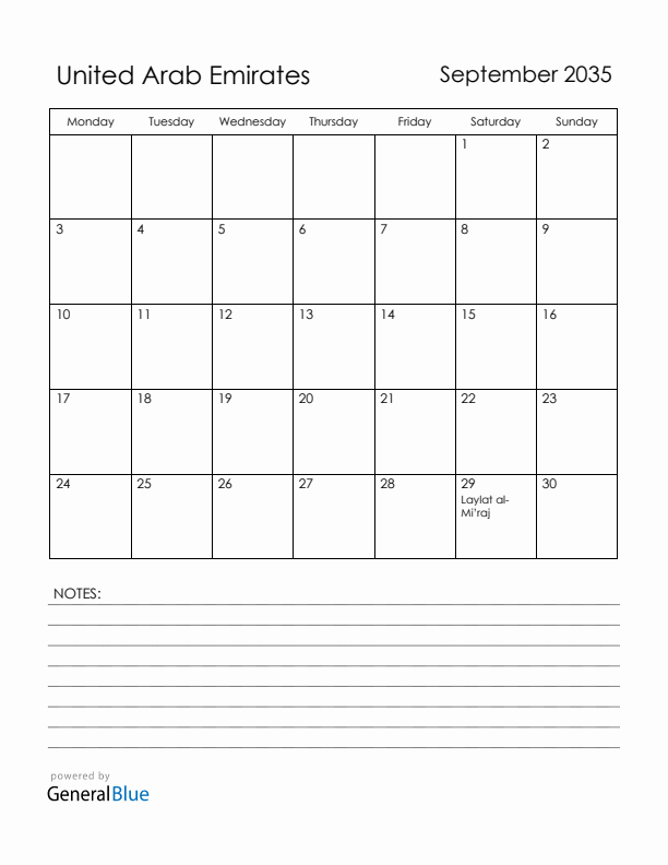 September 2035 United Arab Emirates Calendar with Holidays (Monday Start)