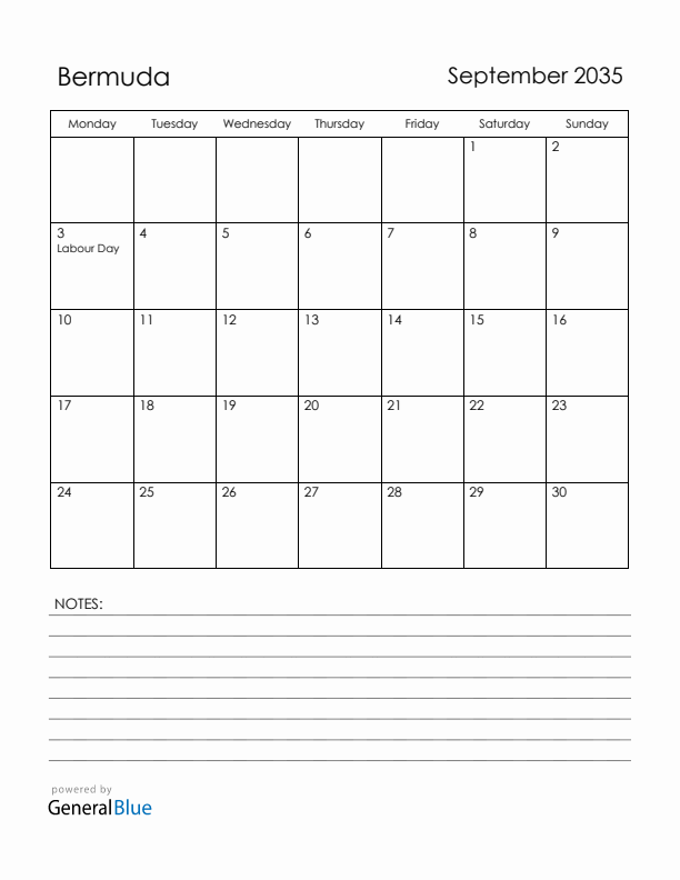 September 2035 Bermuda Calendar with Holidays (Monday Start)