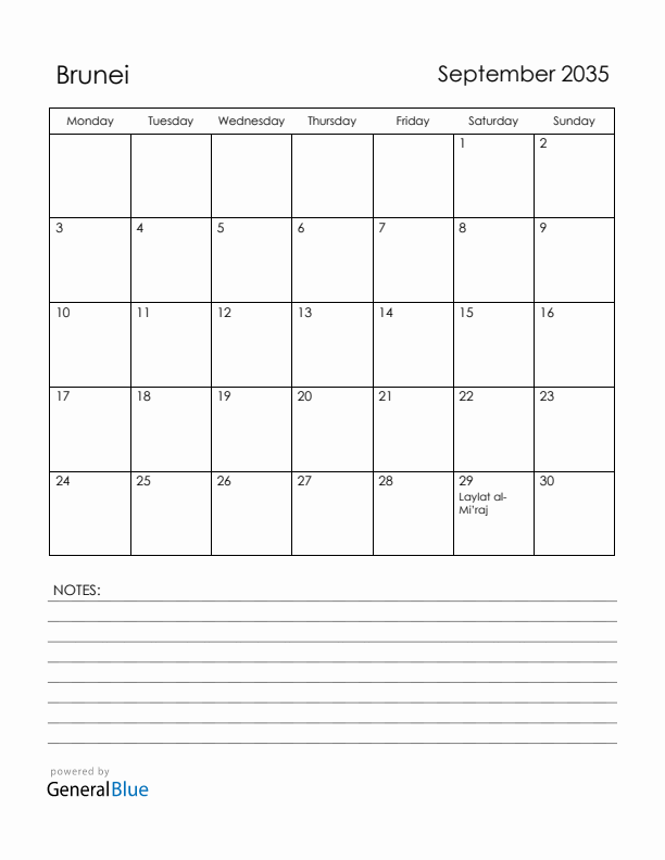 September 2035 Brunei Calendar with Holidays (Monday Start)