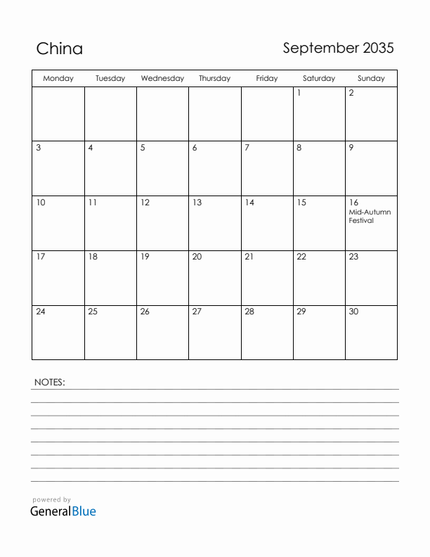 September 2035 China Calendar with Holidays (Monday Start)