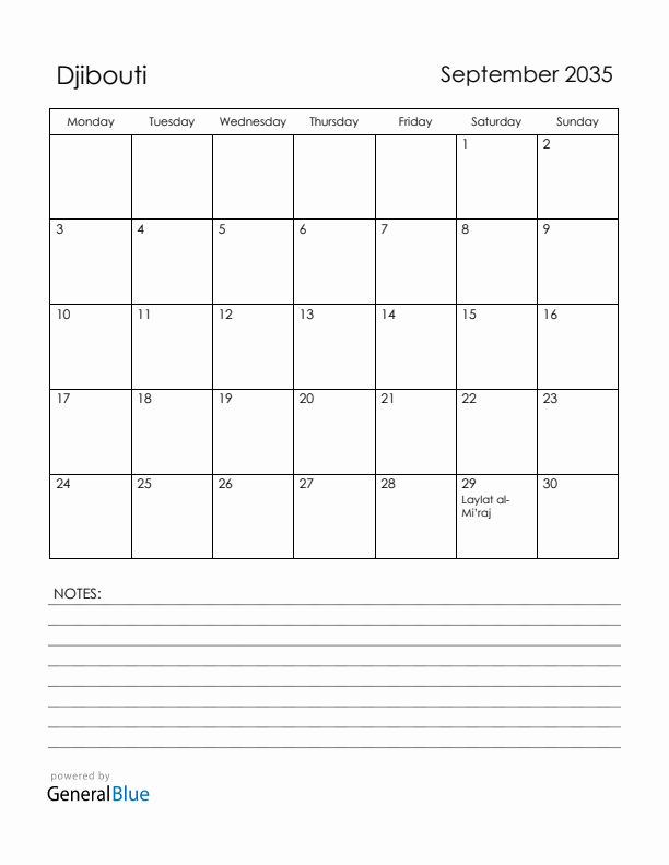 September 2035 Djibouti Calendar with Holidays (Monday Start)