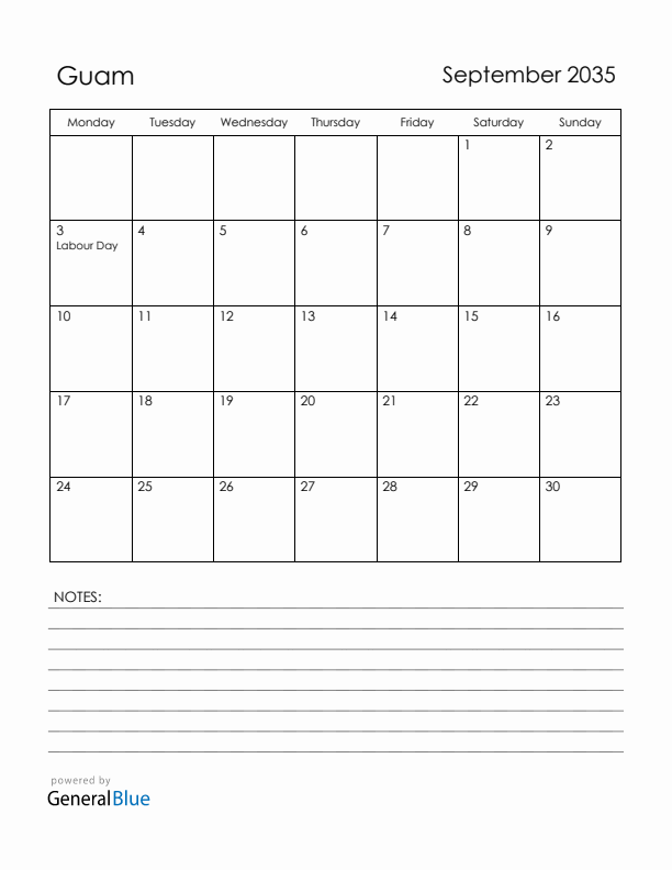 September 2035 Guam Calendar with Holidays (Monday Start)