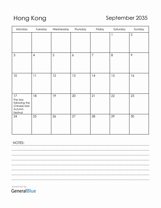 September 2035 Hong Kong Calendar with Holidays (Monday Start)