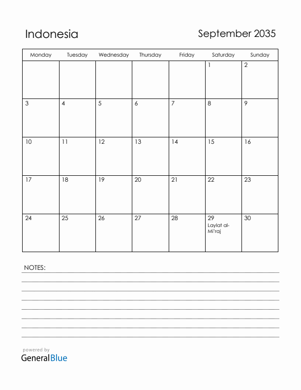 September 2035 Indonesia Calendar with Holidays (Monday Start)