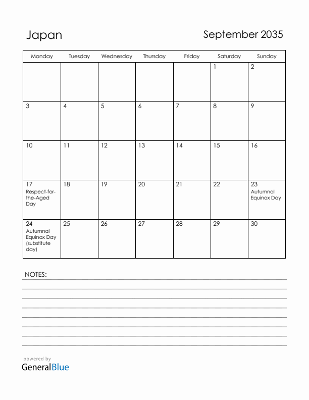 September 2035 Japan Calendar with Holidays (Monday Start)
